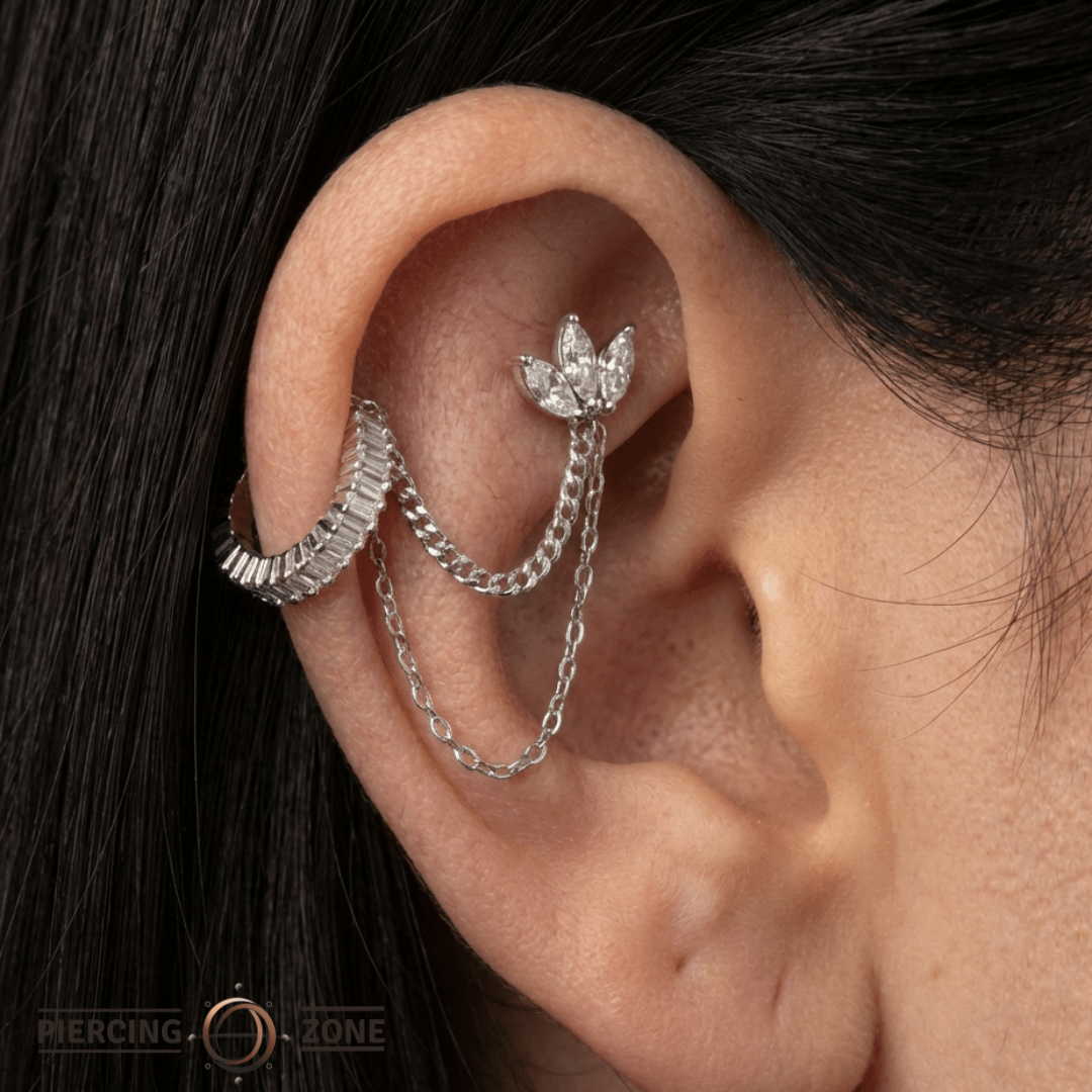 Diamond Cut + Side Chain – 14K Gold Dual Chain Accent - piercing - zone.com