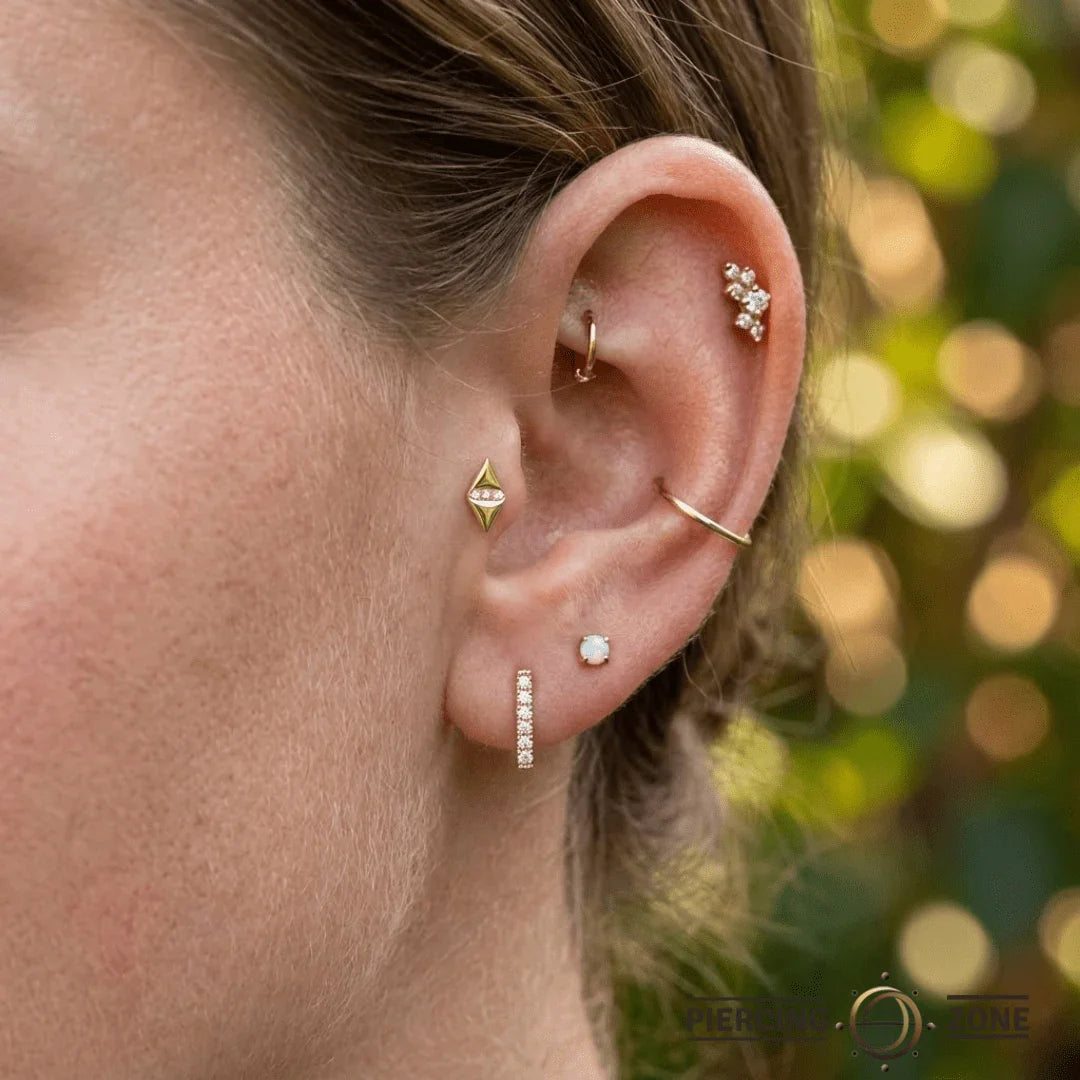 Double Triangle With Gems – 14K/18K Gold Multi - Stone Threadless End - piercing - zone.com
