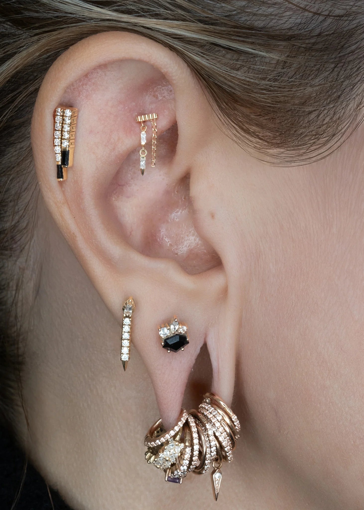 Double Vision Baguette CZ Chain – 14K Gold Threadless End - piercing - zone.com