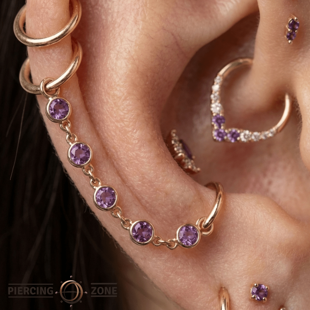 Dual Garnet Rhodolite Chain – 18K Gold Piercing Chain - piercing - zone.com