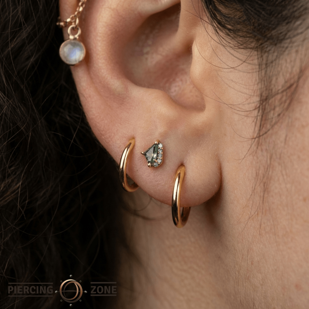 Elevate – Moss Agate & CZ – 14K Gold Threadless End - piercing - zone.com