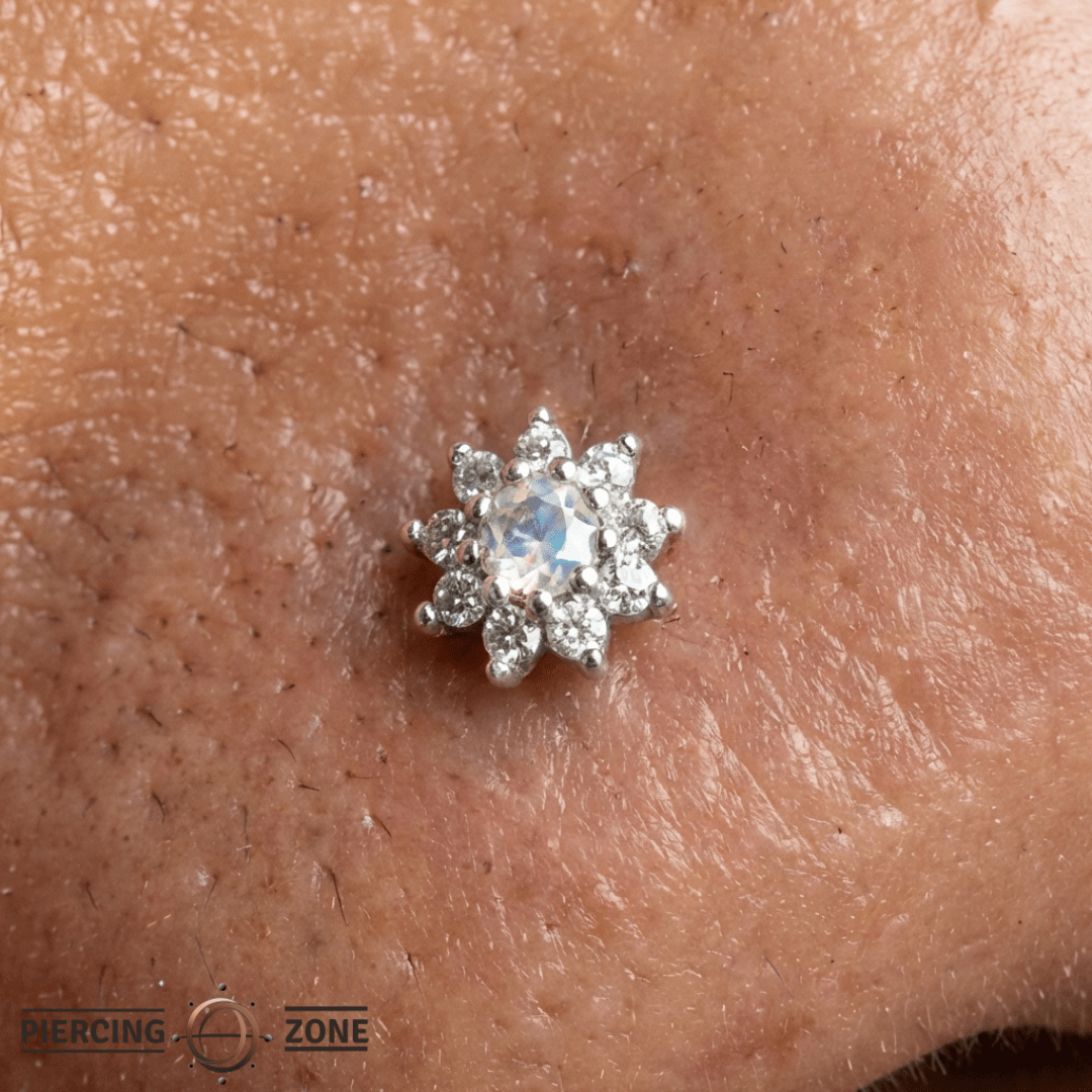 Eloise Flower – 14K Gold Rainbow Moonstone & White Sapphire End - piercing - zone.com