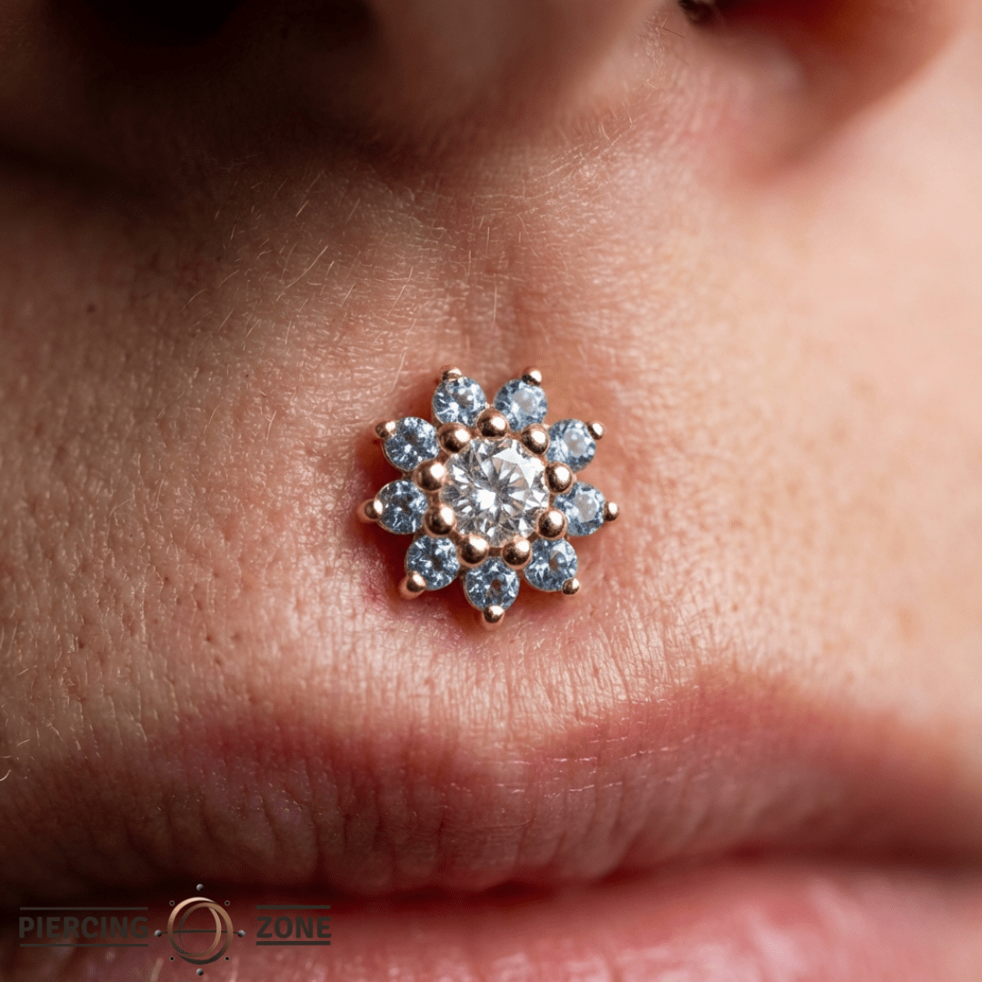 Eloise – London Blue Topaz Flower – 14K Gold Threadless End - piercing - zone.com
