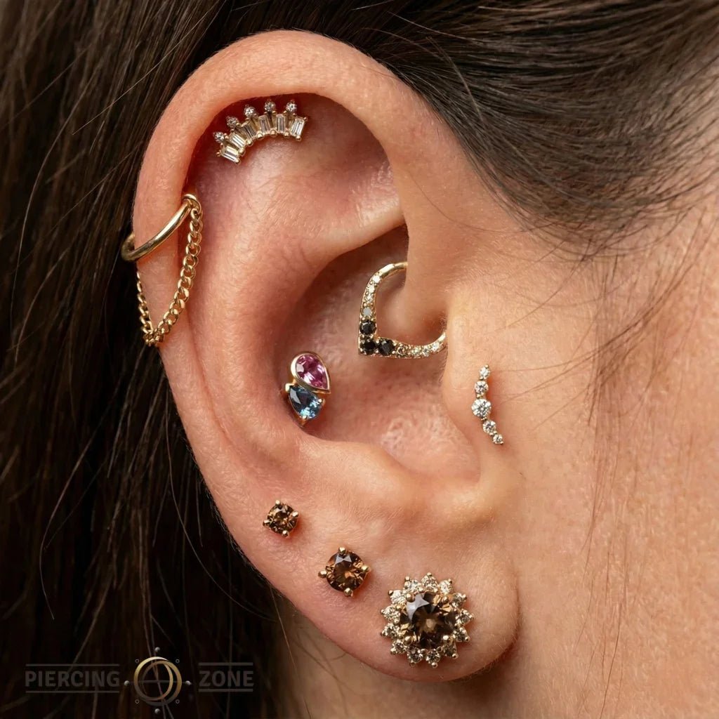 Era – 14K Gold Pink Tourmaline & London Blue Topaz Threadless End - piercing - zone.com