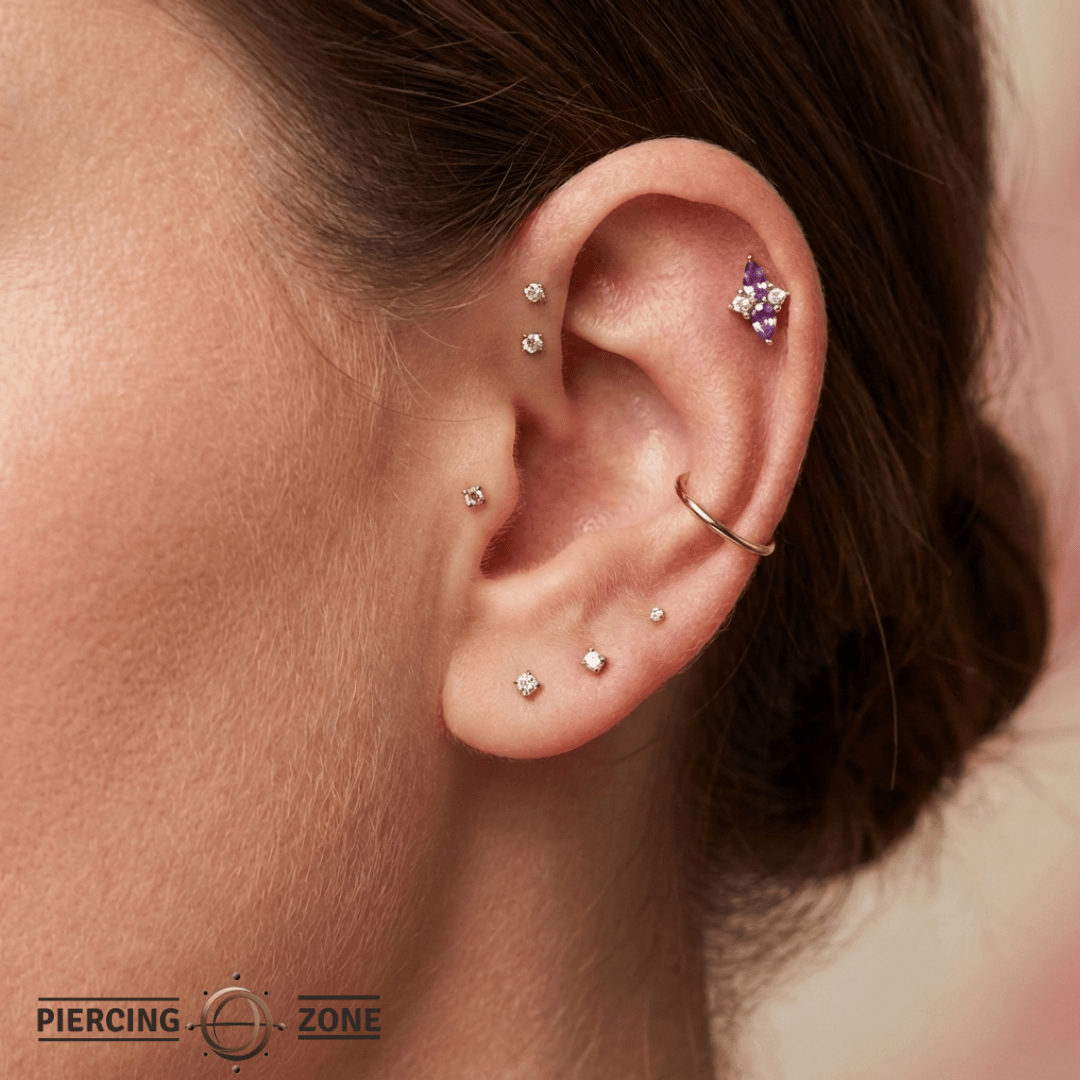 Ethereal – Amethyst & CZ Pear – 14K Gold Threadless End - piercing - zone.com