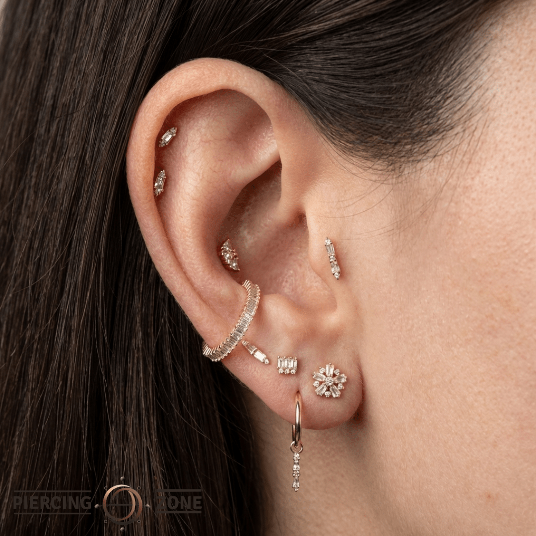 Excess – 14K Gold Swarovski CZ Baguette & Round Cluster End - piercing - zone.com