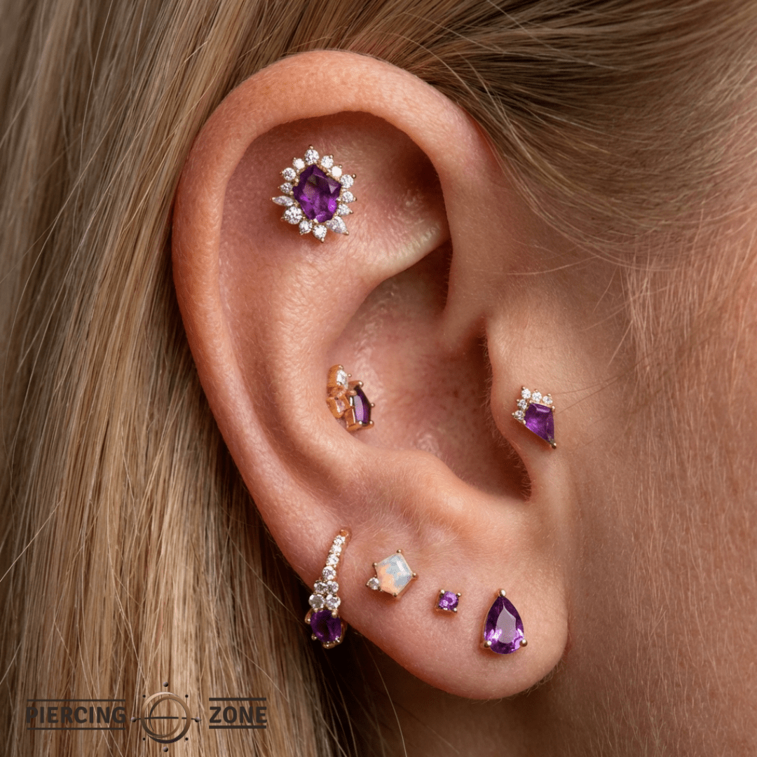 Eye Candy – Amethyst & Swarovski CZ Halo – 14K Gold Threadless End - piercing - zone.com