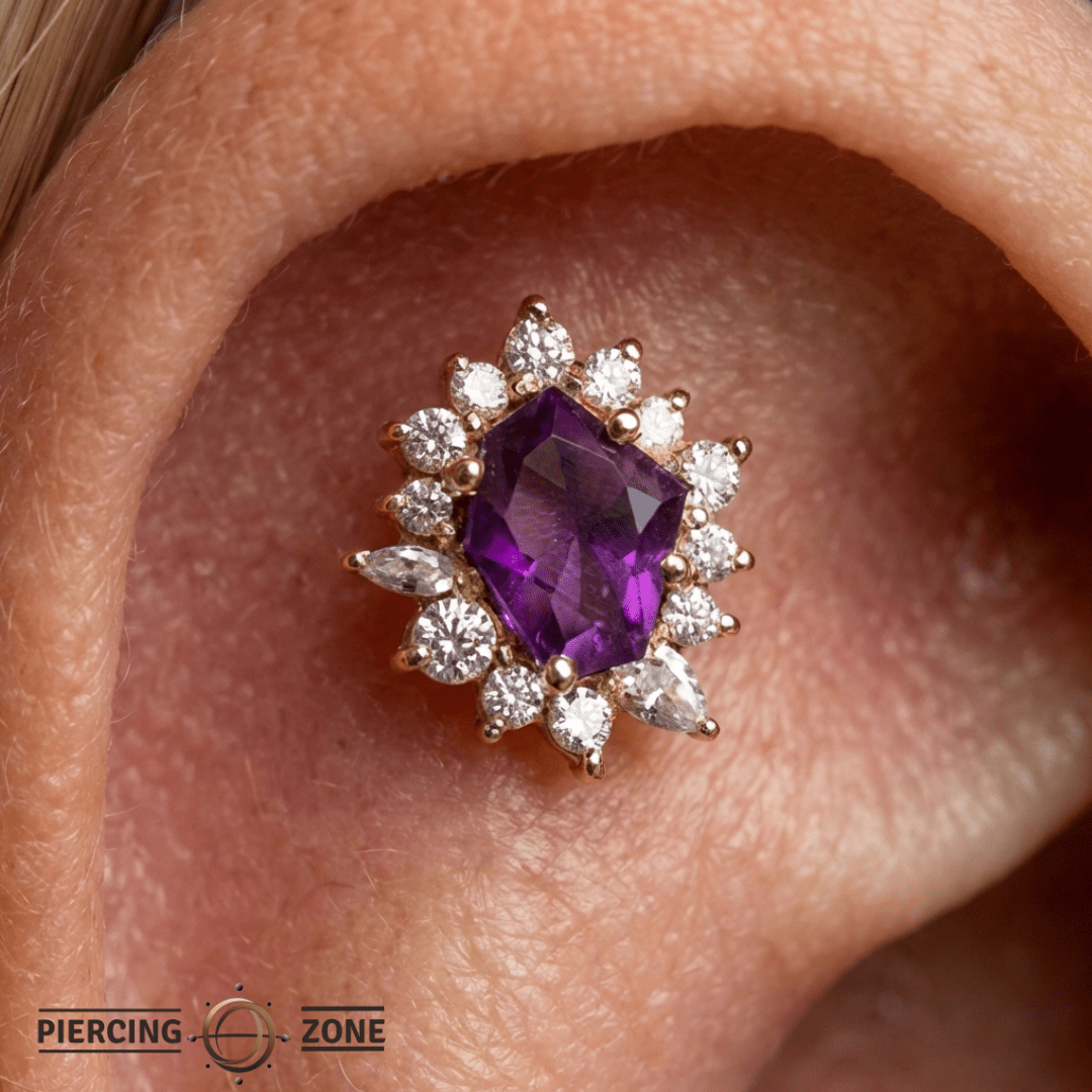 Eye Candy – Amethyst & Swarovski CZ Halo – 14K Gold Threadless End - piercing - zone.com