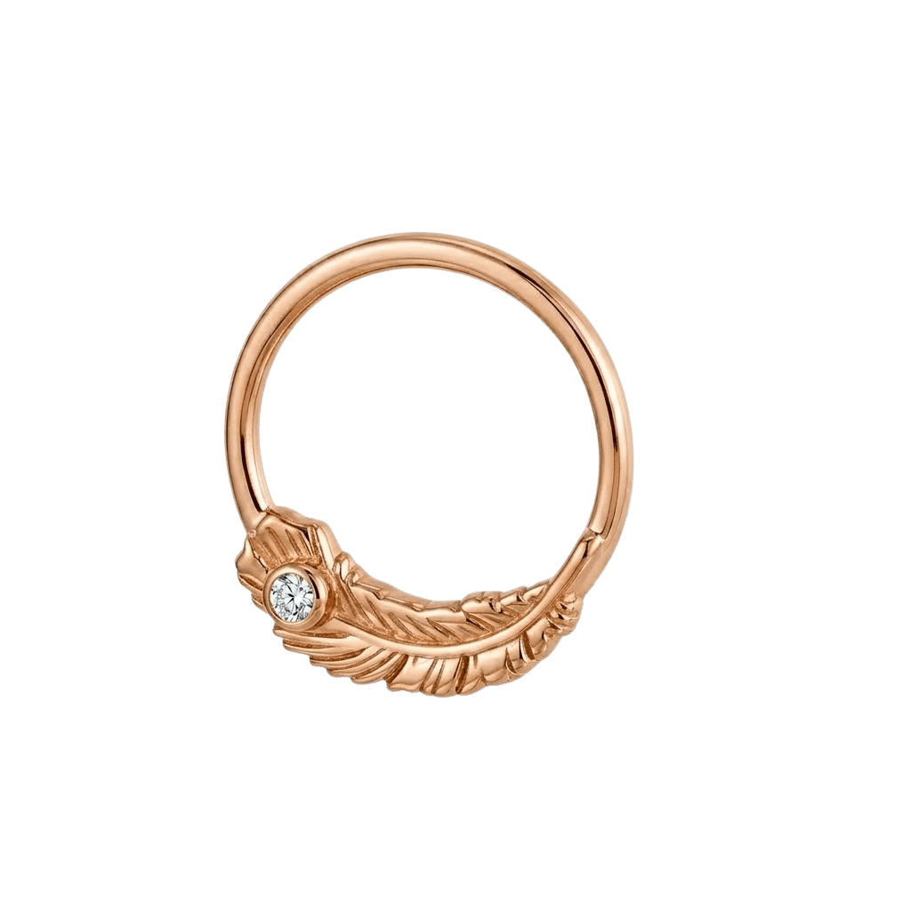 Feather Light - 14K Gold Gem Feather Fixed Bead Ring - piercing - zone.com