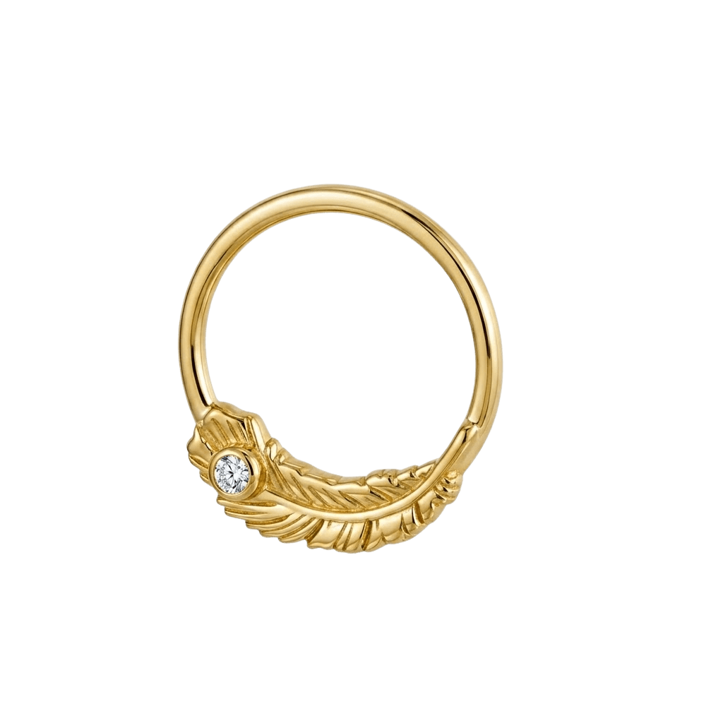 Feather Light - 14K Gold Gem Feather Fixed Bead Ring - piercing - zone.com