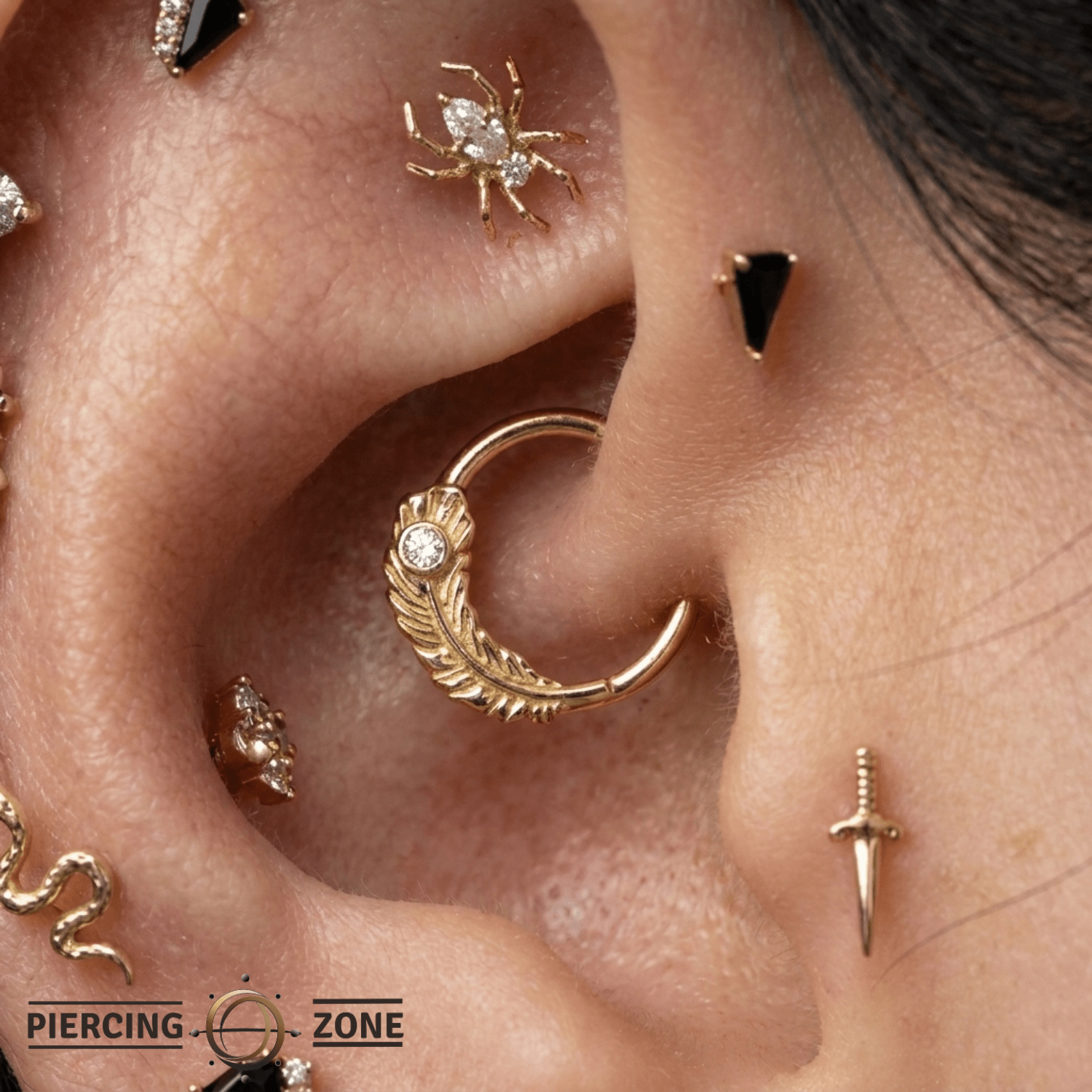 Feather Light - 14K Gold Gem Feather Fixed Bead Ring - piercing - zone.com