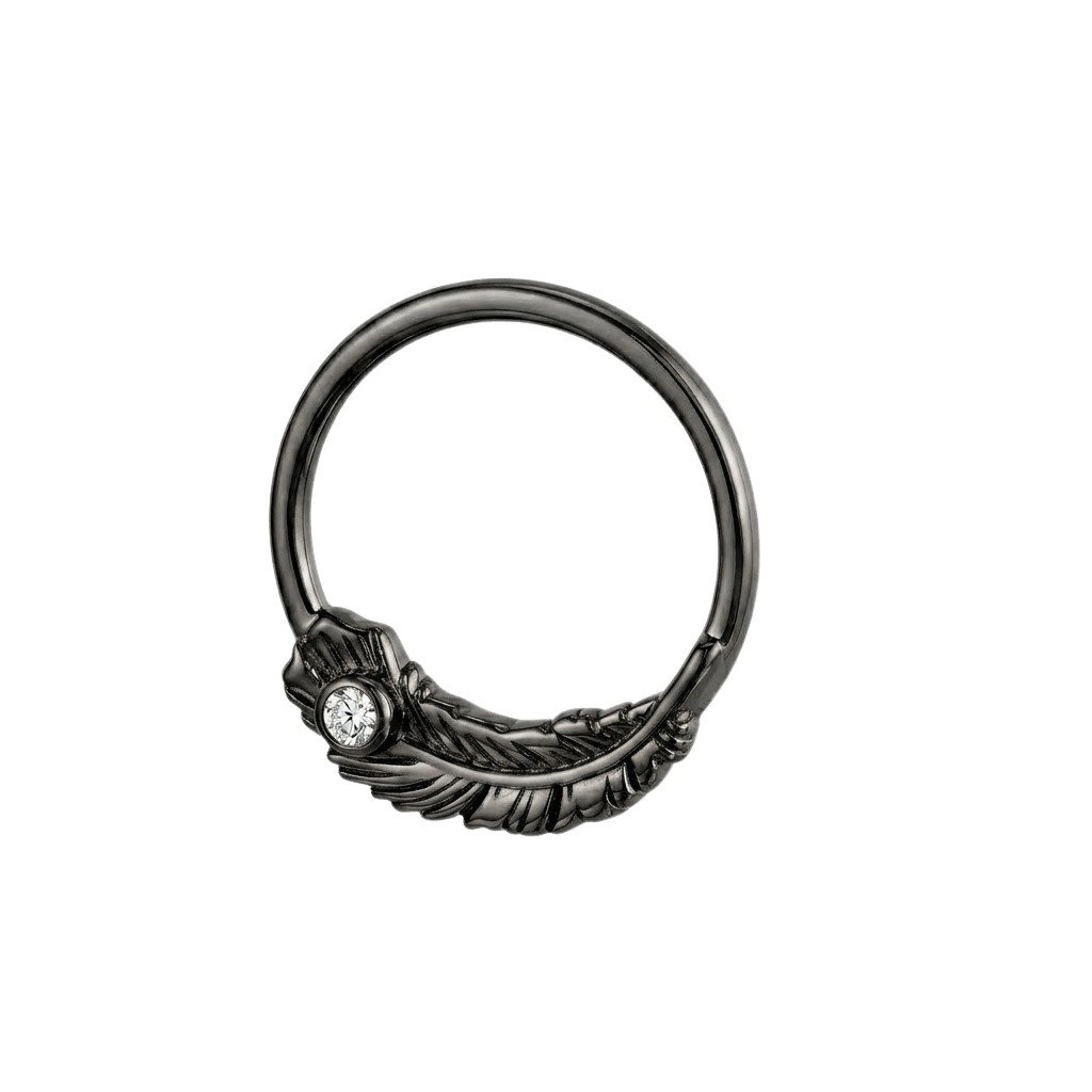 Feather Light - 14K Gold Gem Feather Fixed Bead Ring - piercing - zone.com