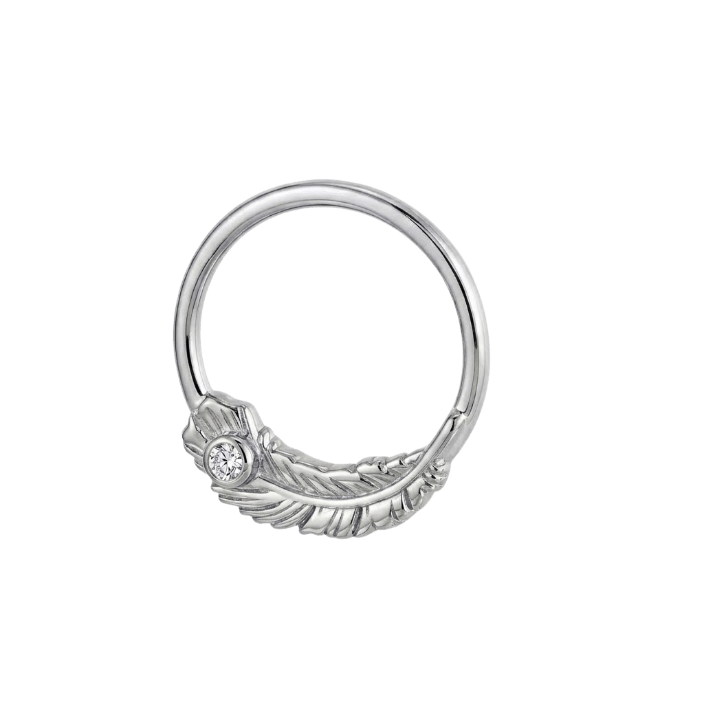 Feather Light - 14K Gold Gem Feather Fixed Bead Ring - piercing - zone.com