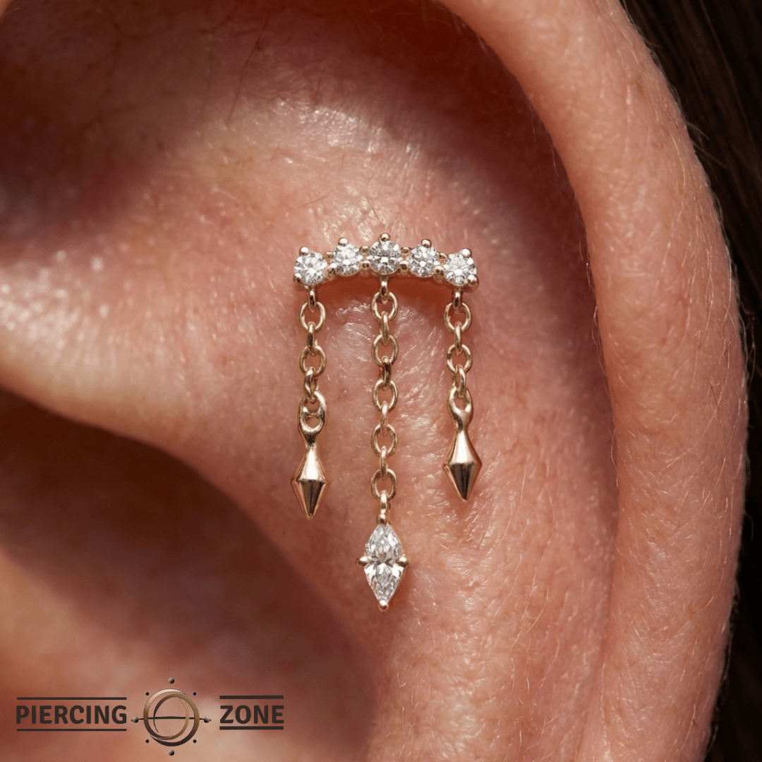 Forward Motion CZ Chain Drop – 14K Gold Threadless End - piercing - zone.com