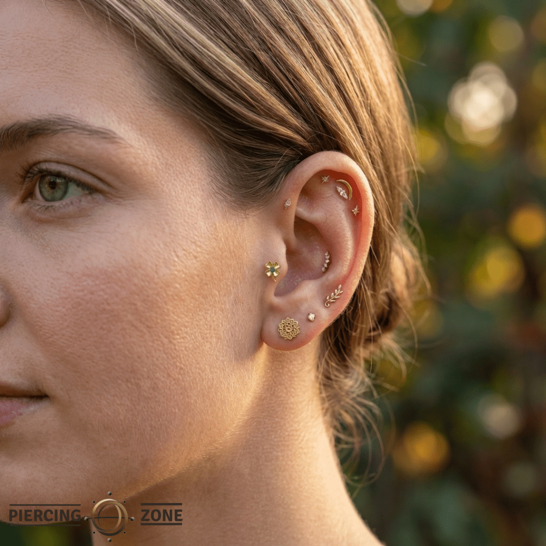 Four Leaf Clover with Gem – 14K Gold Threadless/Threaded End - piercing - zone.com