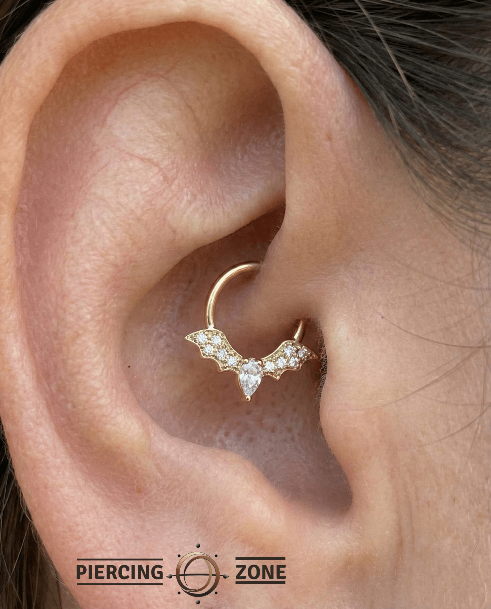 Gemmed Bat Seamless Ring – 14K Gold Winged Silhouette with Pavé Detail - piercing - zone.com