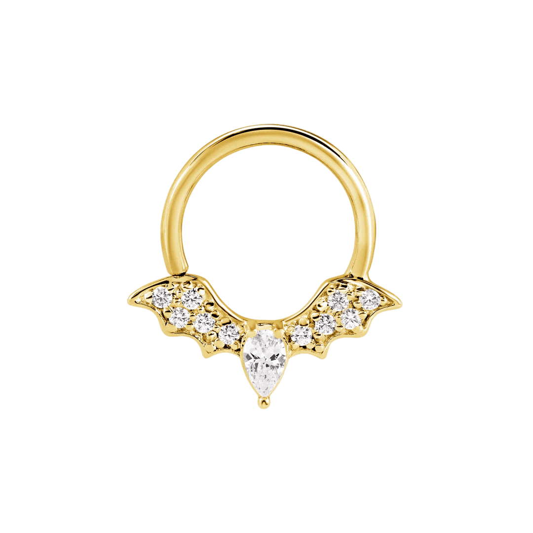 Gemmed Bat Seamless Ring – 14K Gold Winged Silhouette with Pavé Detail - piercing - zone.com