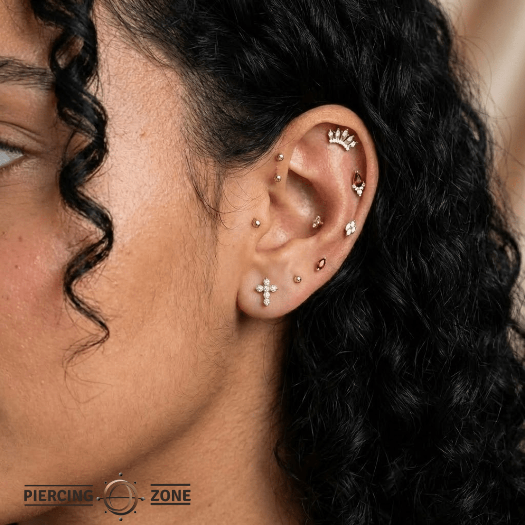 Gemmed Cross – 14K Gold Threadless/Threaded End - piercing - zone.com