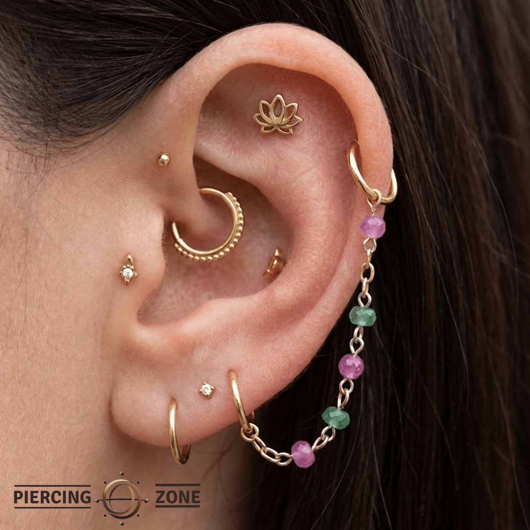 Gradient Green & Pink Sapphire Chain – 14K Gold Piercing Chain - piercing - zone.com