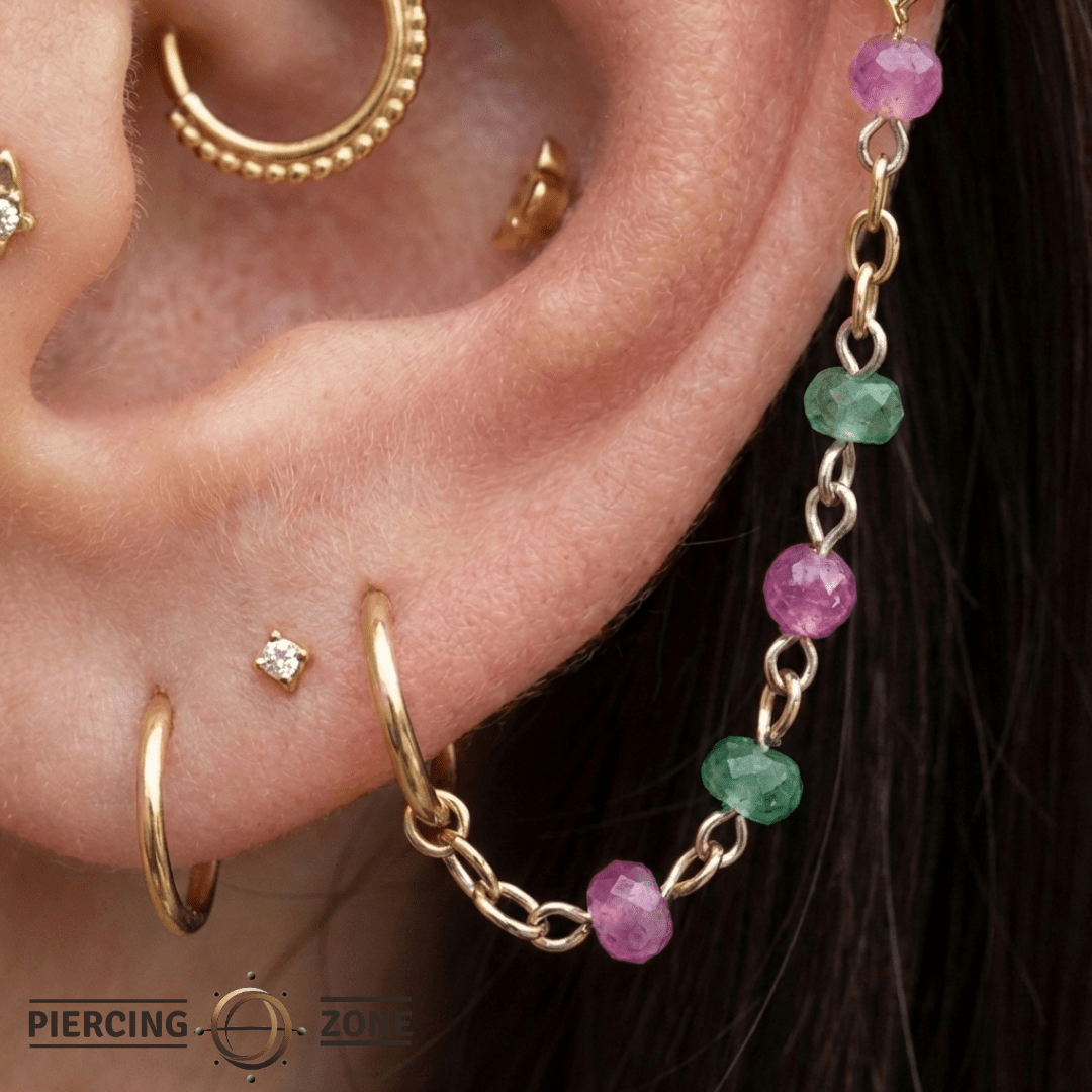 Gradient Green & Pink Sapphire Chain – 14K Gold Piercing Chain - piercing - zone.com