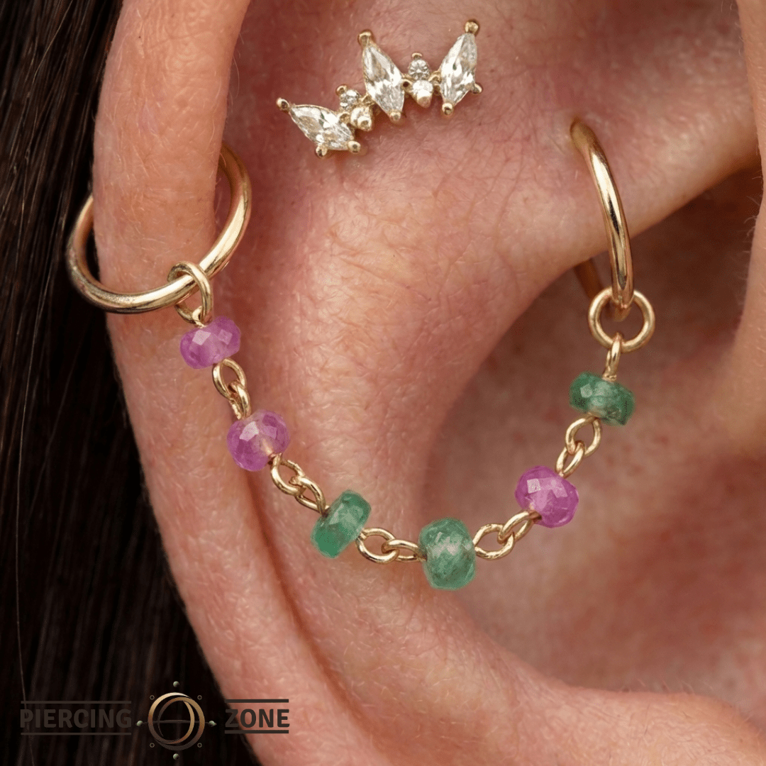 Gradient Green & Pink Sapphire Chain – 14K Gold Piercing Chain - piercing - zone.com