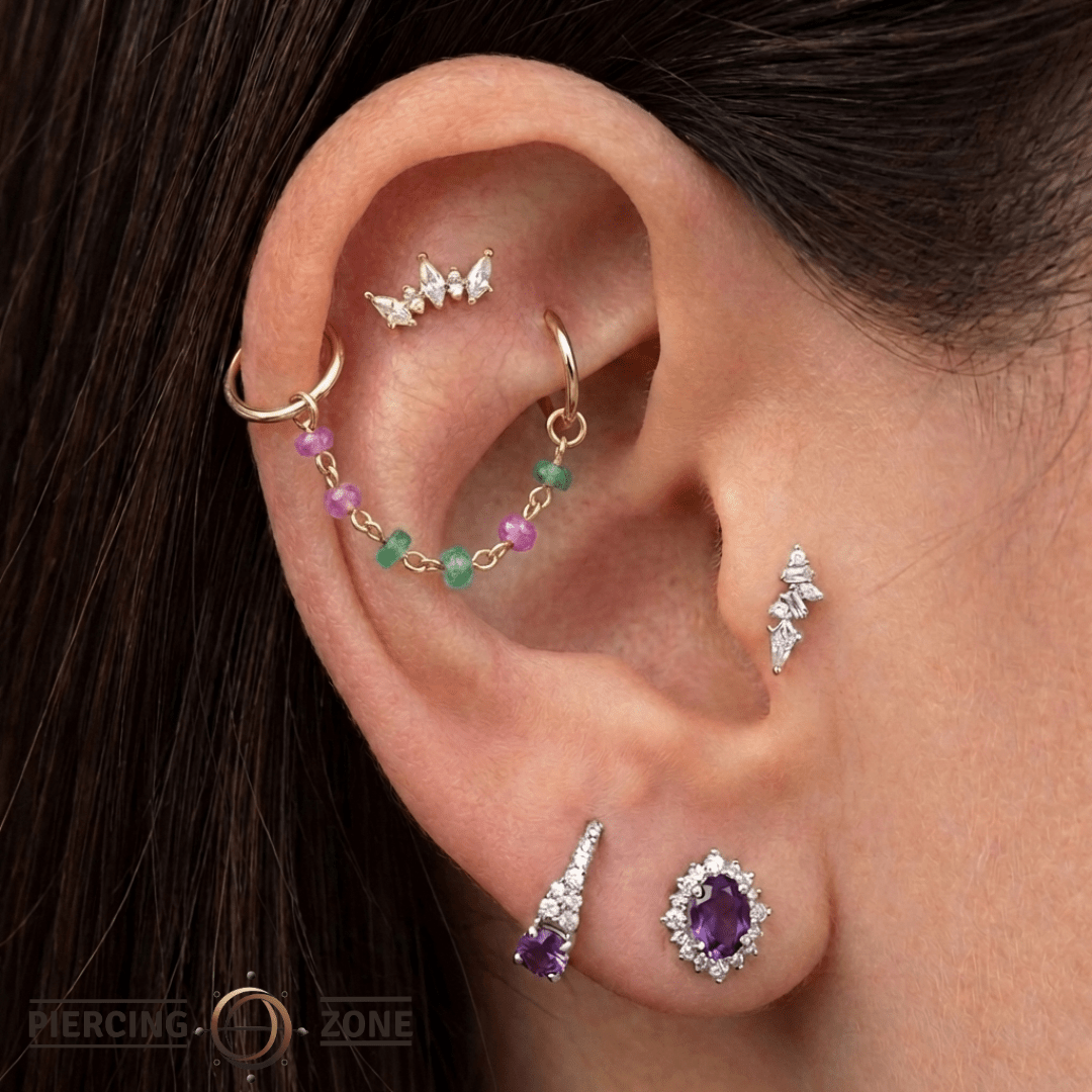 Gradient Green & Pink Sapphire Chain – 14K Gold Piercing Chain - piercing - zone.com