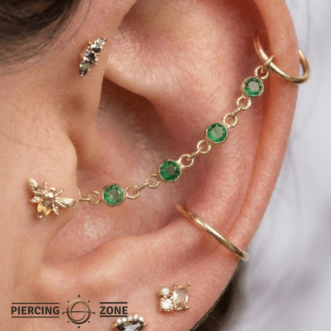 Green Garnet Chain – 18K Gold Gemstone Piercing Chain - piercing - zone.com