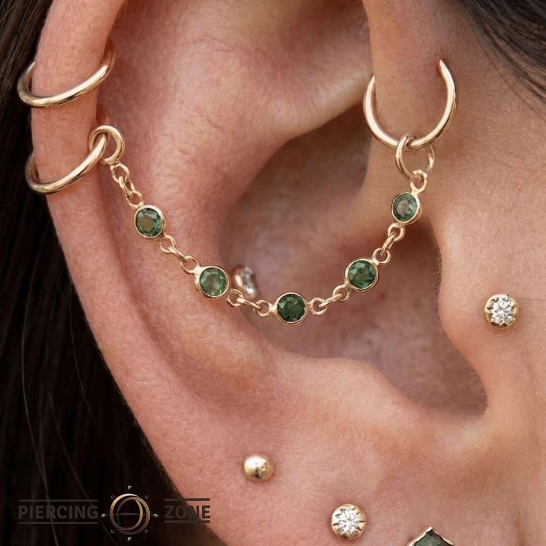 Green Garnet Chain – 18K Gold Gemstone Piercing Chain - piercing - zone.com