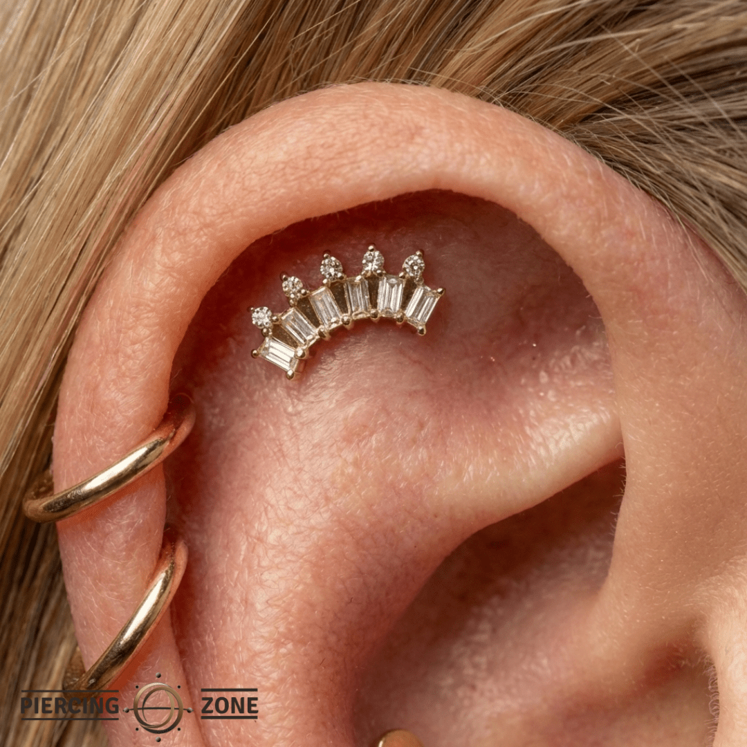 GSTQ – Genuine Diamond & Topaz Crown – 14K Gold Threadless End - piercing - zone.com