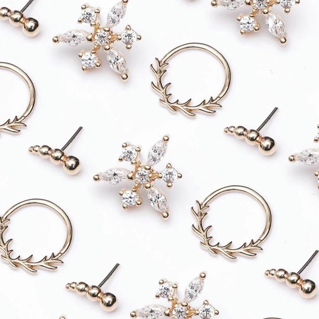 Half Triumph – 14K Gold Beaded Arc Threadless End - piercing - zone.com