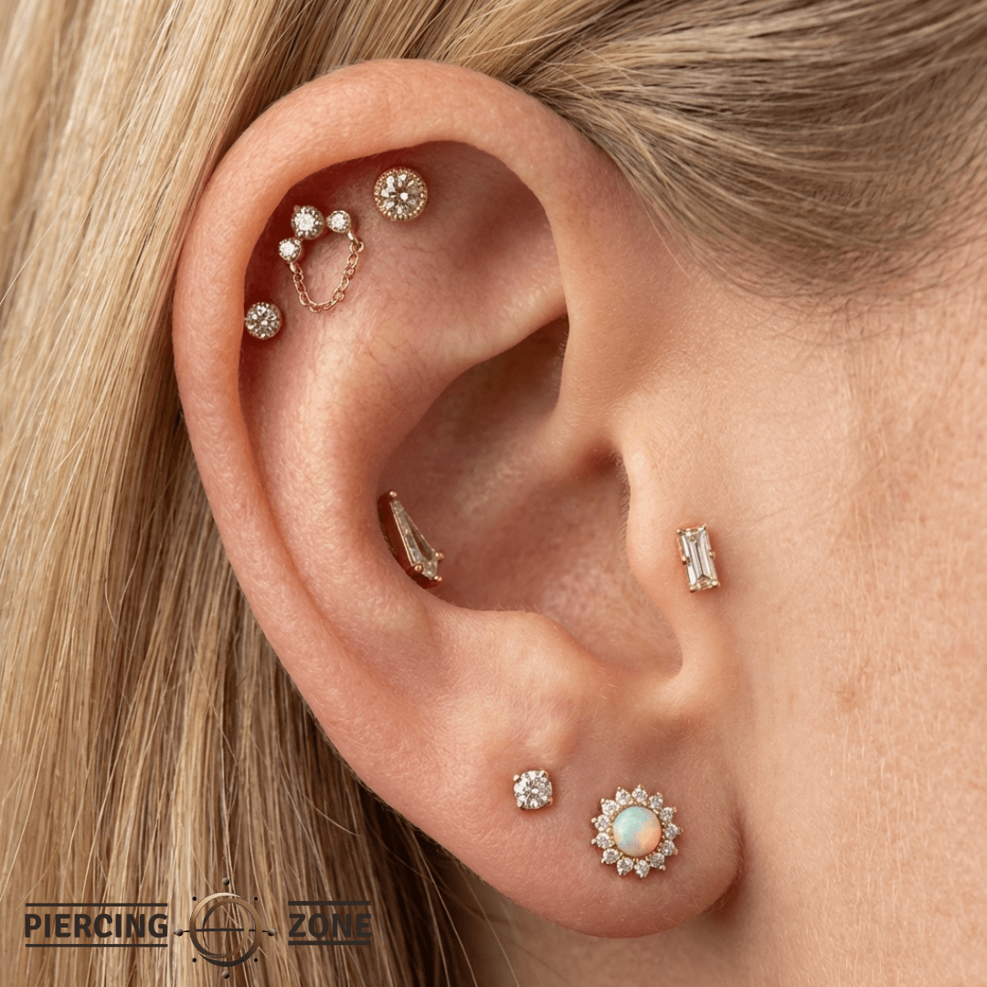 Halston – 14K Gold Grey Diamond, White Sapphire & Chain Threadless End - piercing - zone.com