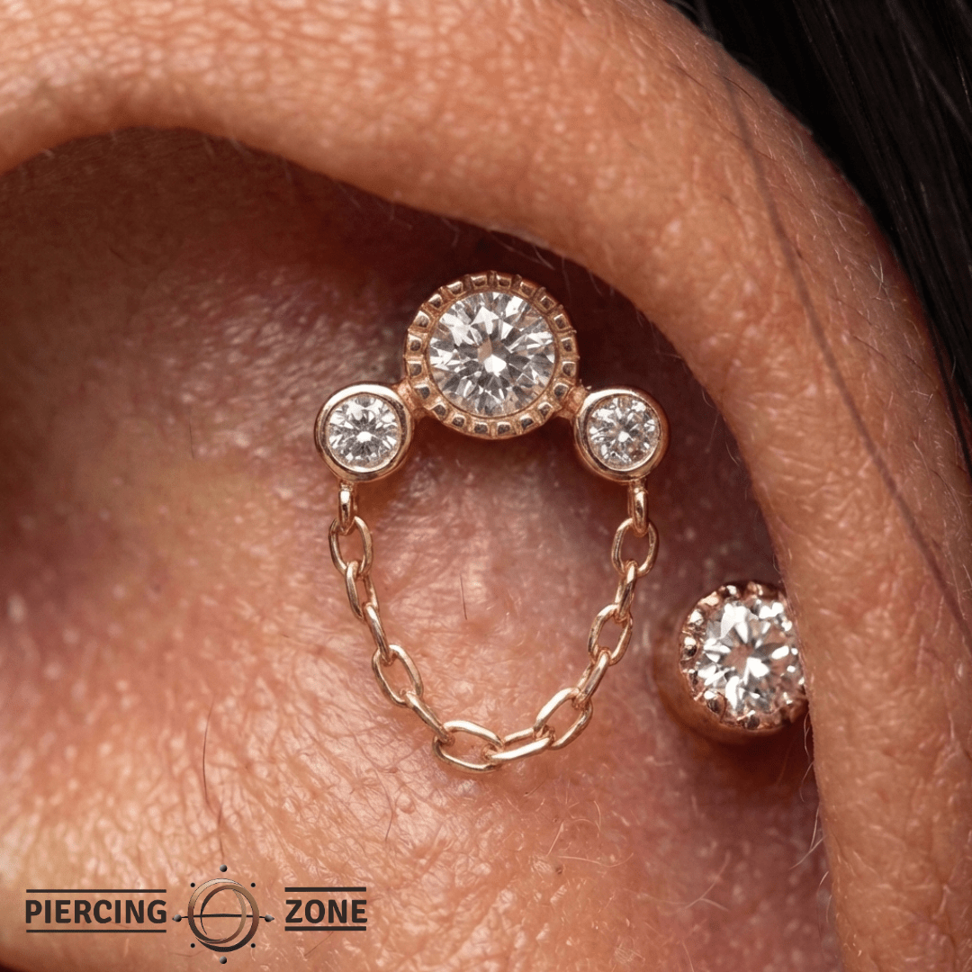 Halston CZ + Chain – 14K Gold Swarovski CZ & Chain Threadless End - piercing - zone.com