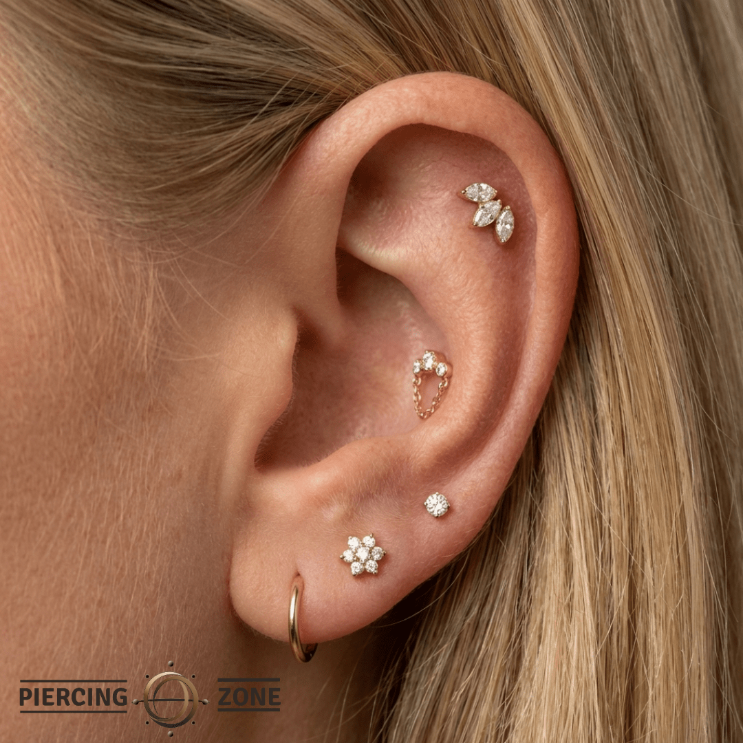 Halston CZ + Chain – 14K Gold Swarovski CZ & Chain Threadless End - piercing - zone.com