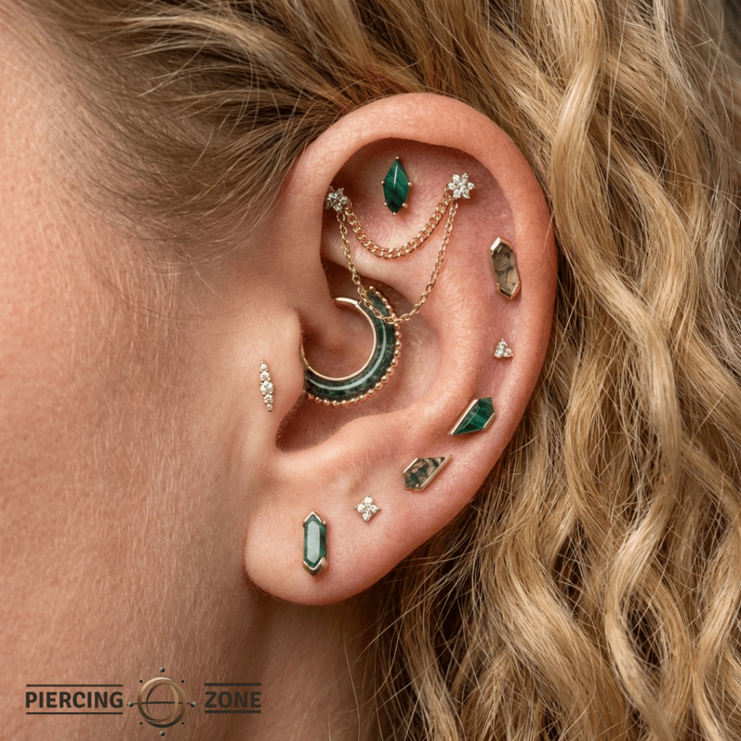 Harmonic Clicker – Moss Agate – 14K Gold - piercing - zone.com