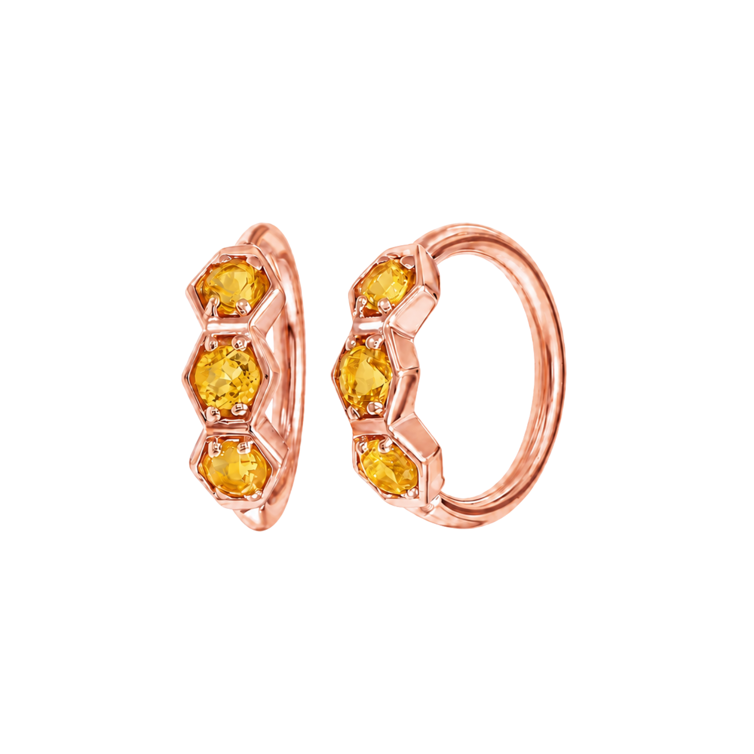 3 Gem Hexagon Seamless Ring – 14K Gold Triple-Stone Geometric Design