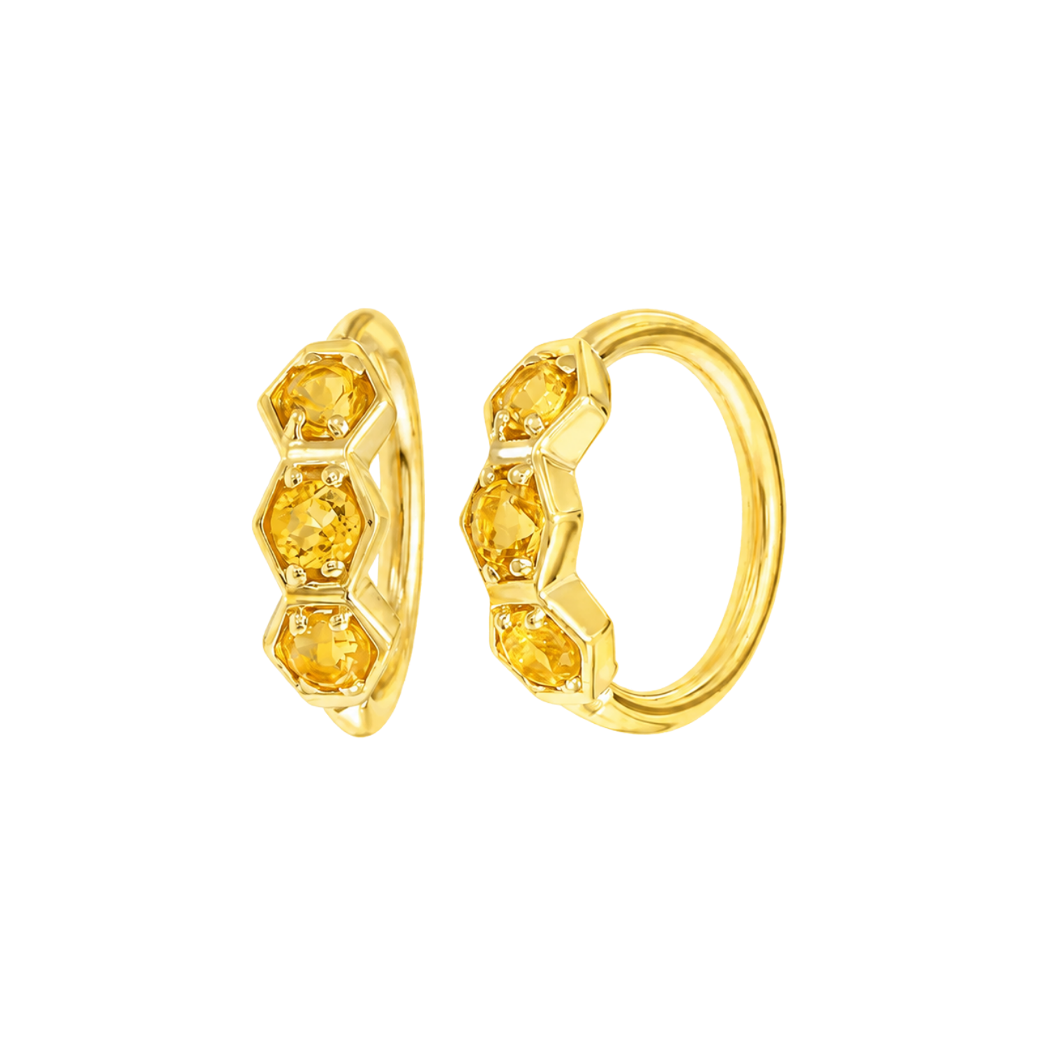 3 Gem Hexagon Seamless Ring – 14K Gold Triple-Stone Geometric Design