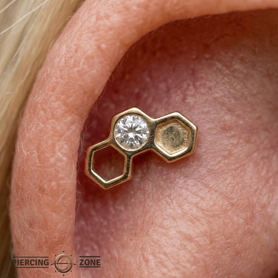Honeycomb With Gem – 14K Gold Threadless/Threaded End - piercing - zone.com