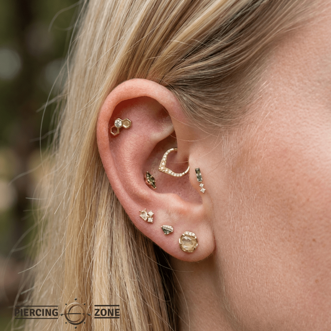 Honeycomb With Gem – 14K Gold Threadless/Threaded End - piercing - zone.com