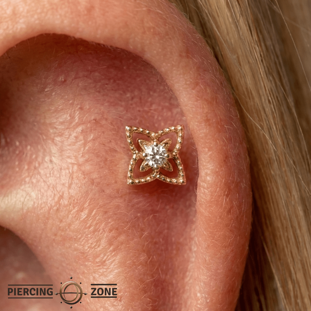 Honor – 14K Gold Swarovski CZ Vintage Leaf Threadless End - piercing - zone.com
