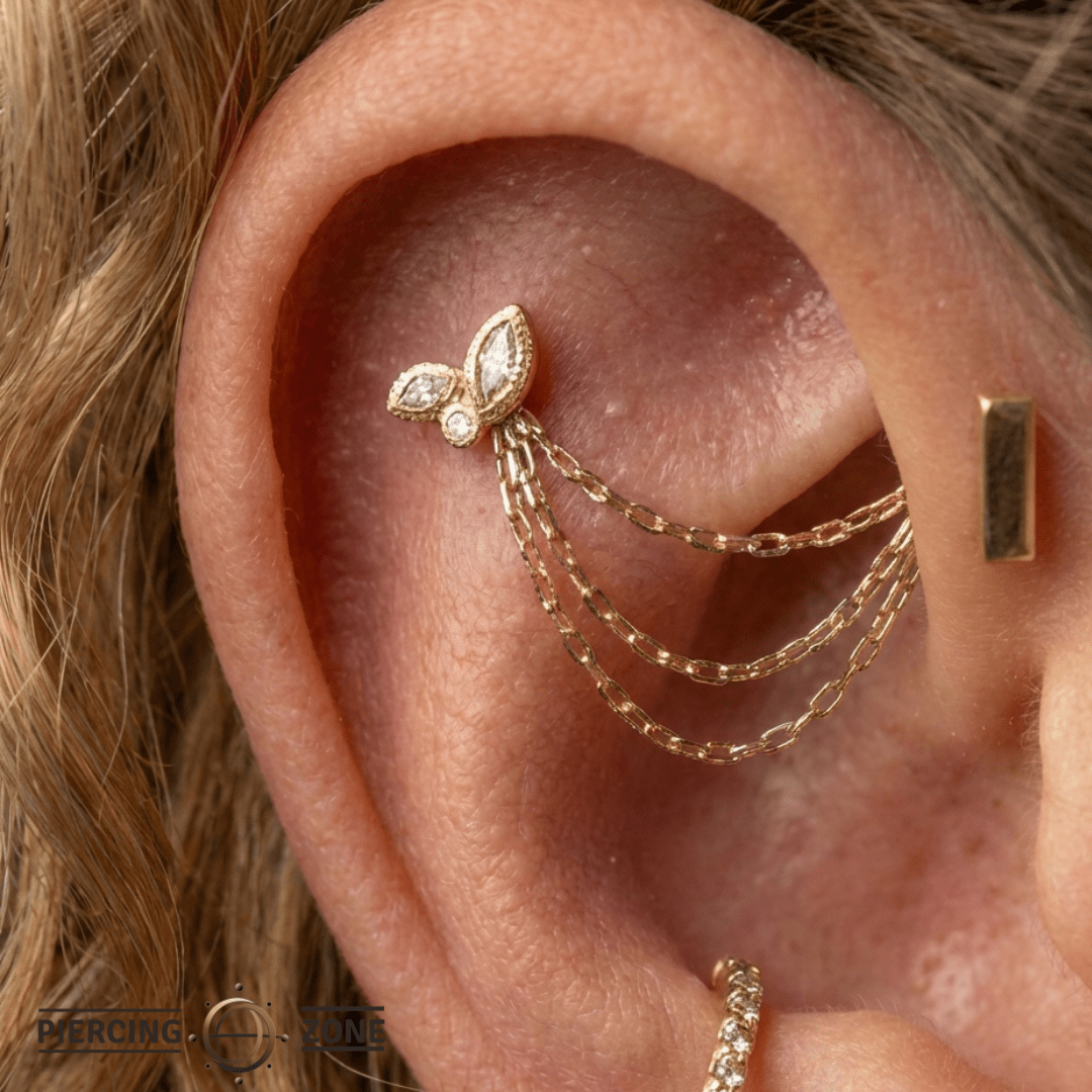 Impulse – 14K Gold Swarovski CZ Leaf & Circle Threadless End - piercing - zone.com