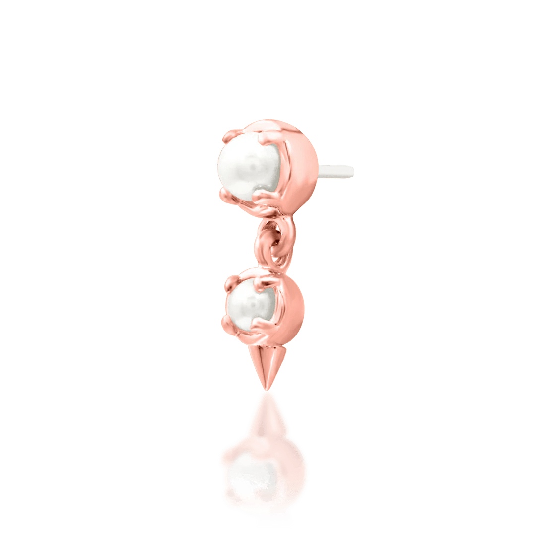 Long and slim gold threadless earring with pearl accents