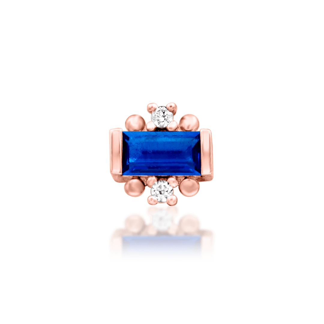 Tina threadless end in 14K rose gold with trio of blue CZ gemstones – front view