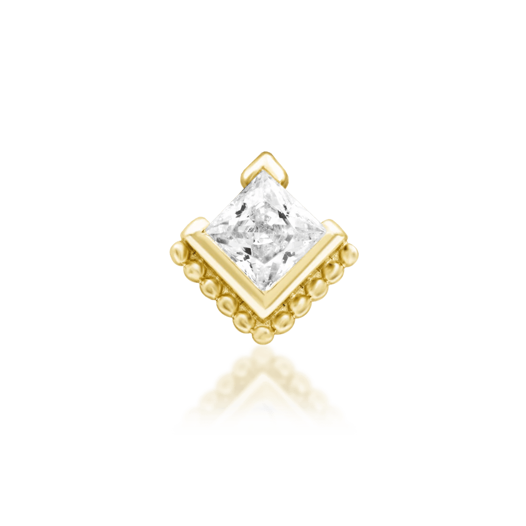 Beaded Princess threadless end in 14K yellow gold with princess-cut CZ – front view
