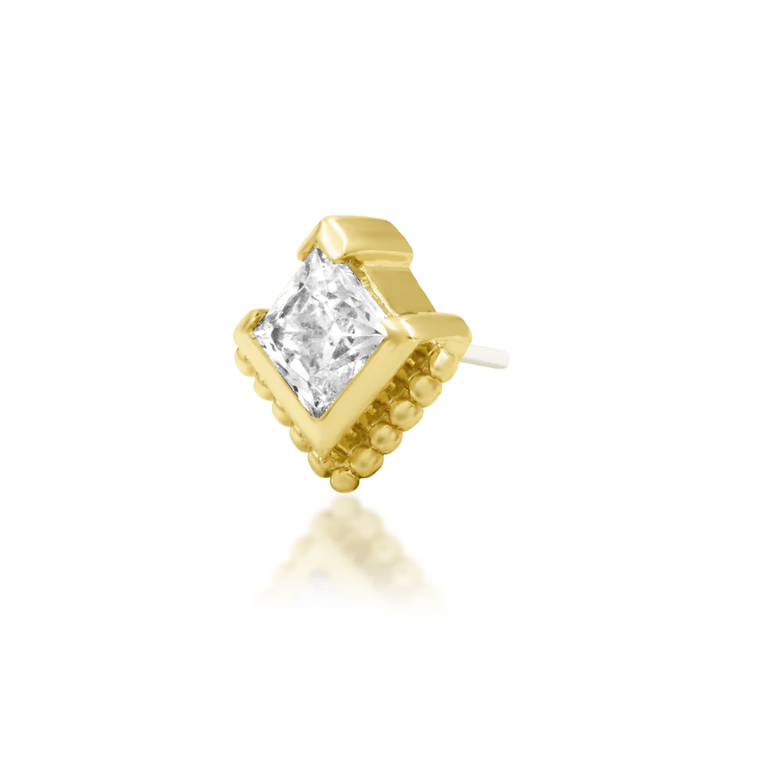 Close-up of Beaded Princess 14K gold end showing beaded frame detail