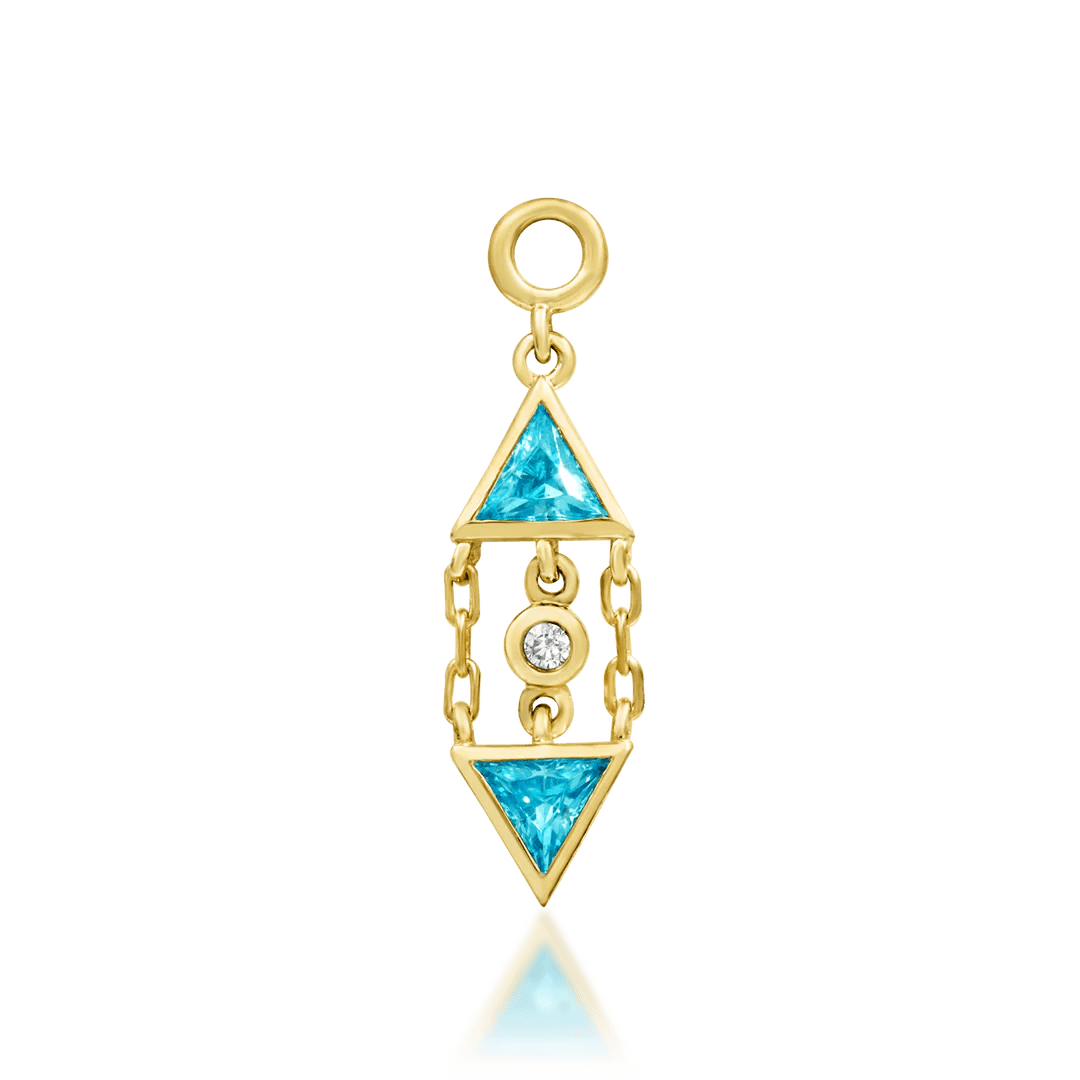 Lucille threadless end in 14k yellow gold – front view with aqua triangle gems