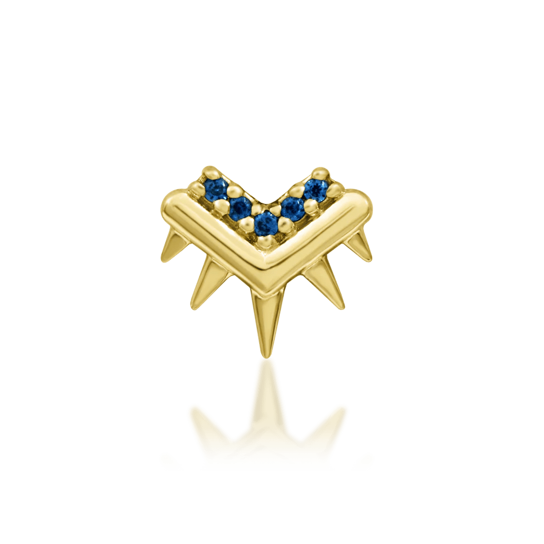 Tatiana threadless end in 14k yellow gold – front view with blue CZs