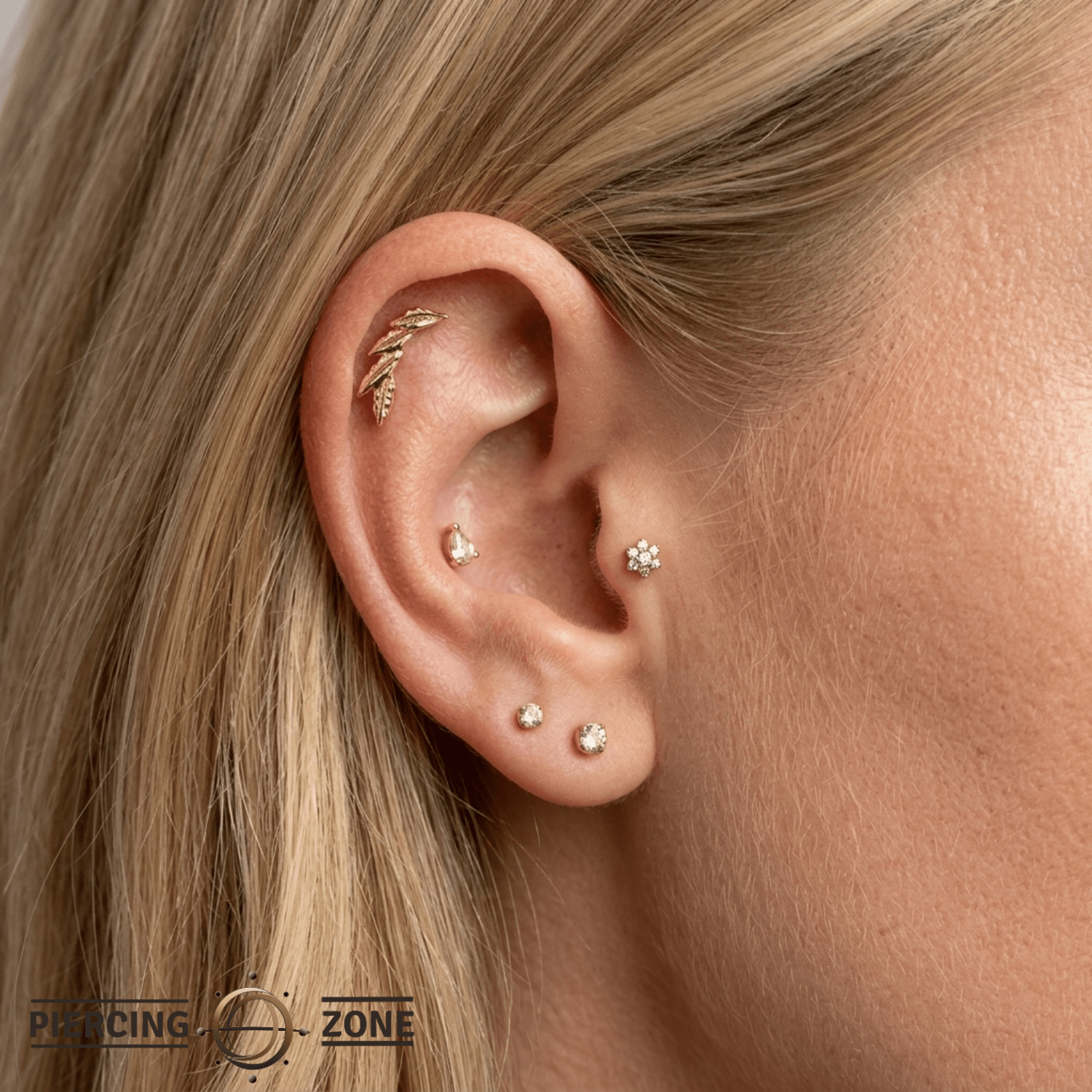 Laurel – 14K Gold Curved Leaf Threadless Pin - piercing - zone.com