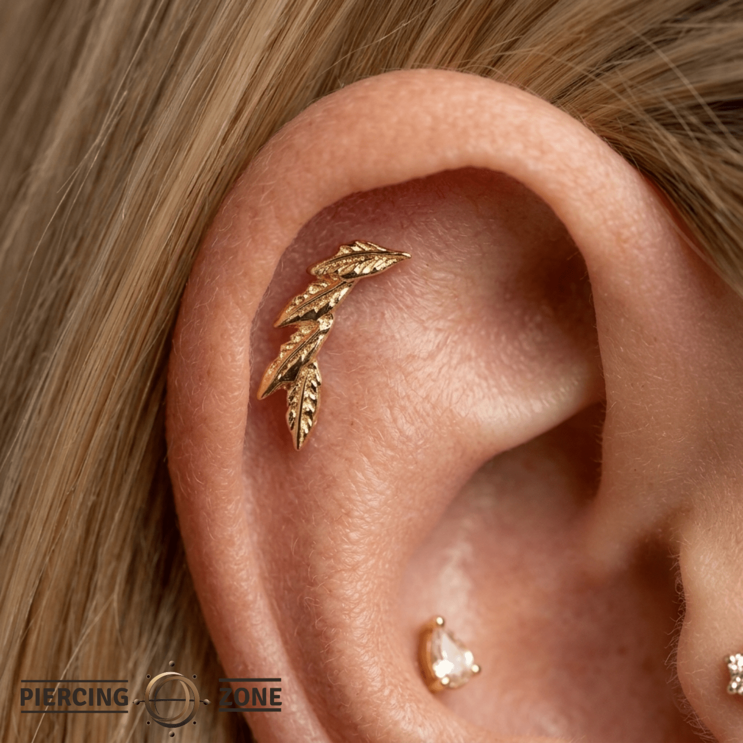 Laurel – 14K Gold Curved Leaf Threadless Pin - piercing - zone.com