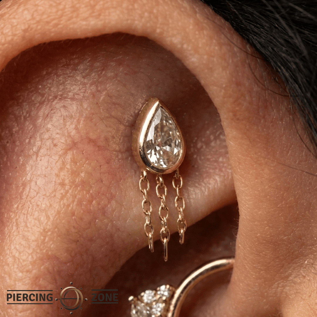 Let’s Dance – Reverse - Set Pear CZ & Chain – 14K Gold Threadless End - piercing - zone.com