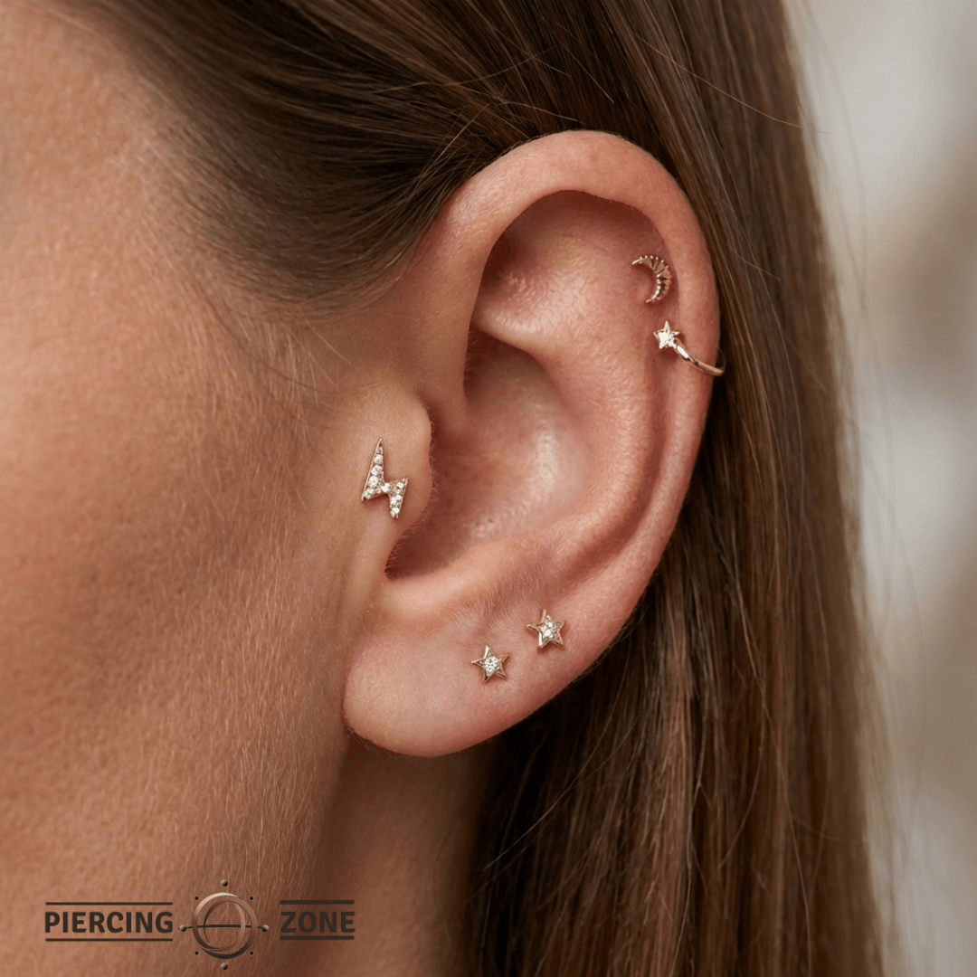 Lightning Bolt with Gems – 14K Gold Threadless/Threaded End - piercing - zone.com